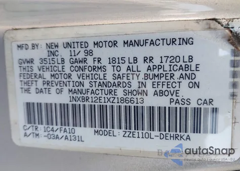 1999 Toyota Corolla Ve z USA, uszkodzony, nr VIN 1NXBR12E1XZ186613